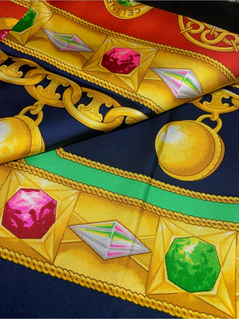Celine Navy Silk Scarf with Gold Chain and Jewel Motifs